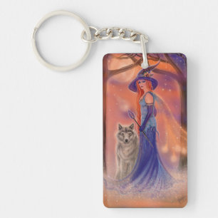 Halloween witch and wolf by Renee Lavoie  Keychain