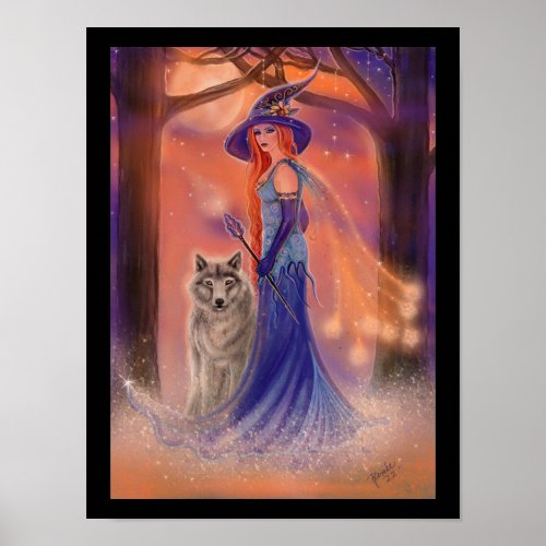 Halloween witch and wolf by Renee Lavoie Poster