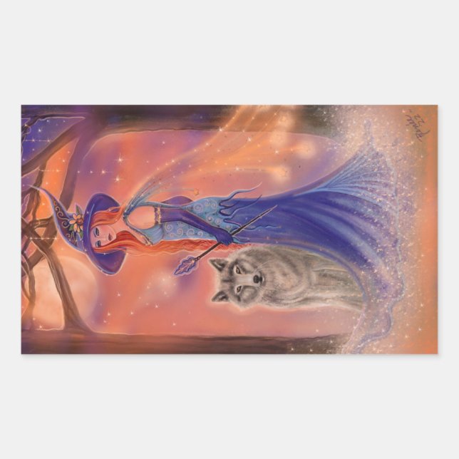 Halloween witch and wolf by Renee Lavoie  Rectangular Sticker (Front)