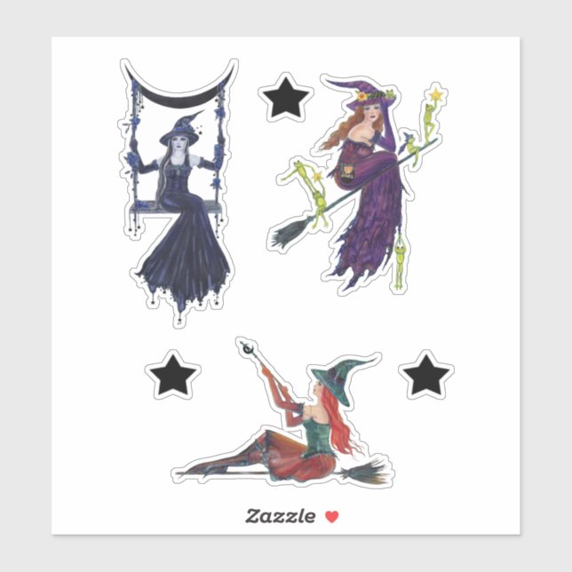 Halloween witch art with stars by Renee Lavoie Tem Sticker (Sheet)
