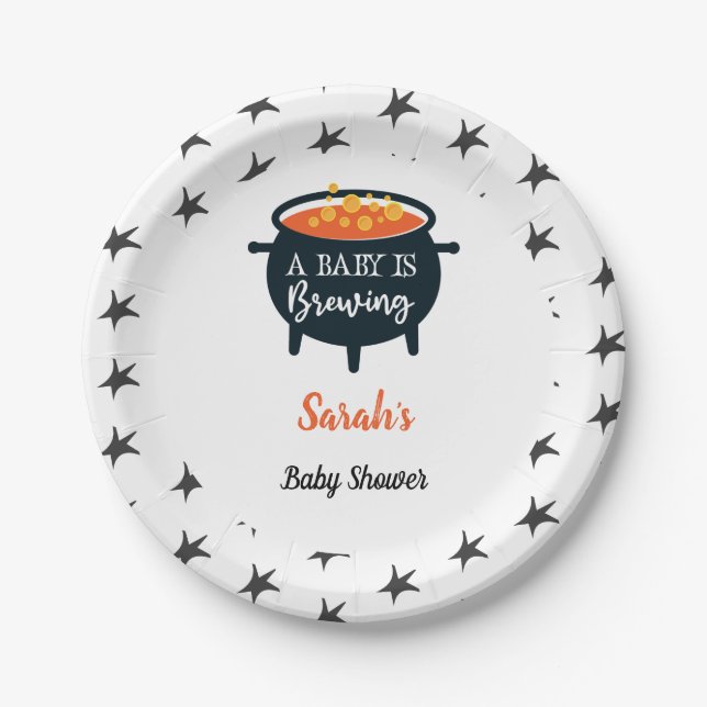 Halloween Witch Baby Shower, Custom name Paper Plates (Front)