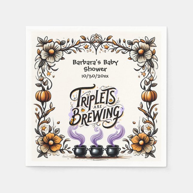Halloween Witch Baby Shower - Triplets Are Brewing Napkins (Front)