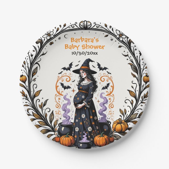 Halloween Witch Baby Shower - Triplets Are Brewing Paper Plates (Front)