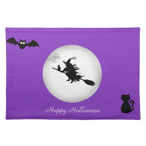 Halloween witch bat  black cat on purple  cloth placemat