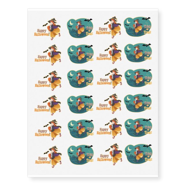 Halloween Witch Bat Cat Moon Temporary Tattoos (Front)