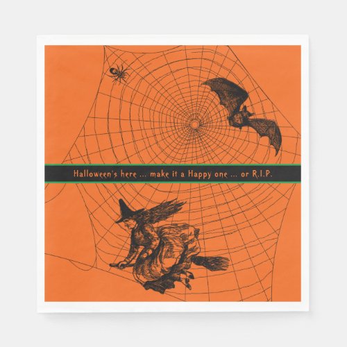 Halloween Witch Bat Spider Scary Orange Paper Napkins