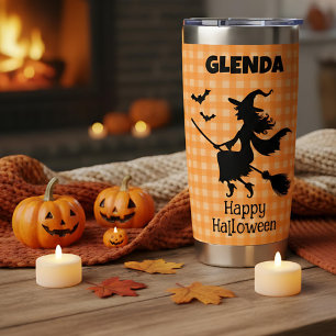 Halloween Witch & Bats Orange Plaid Custom Name Insulated Tumbler