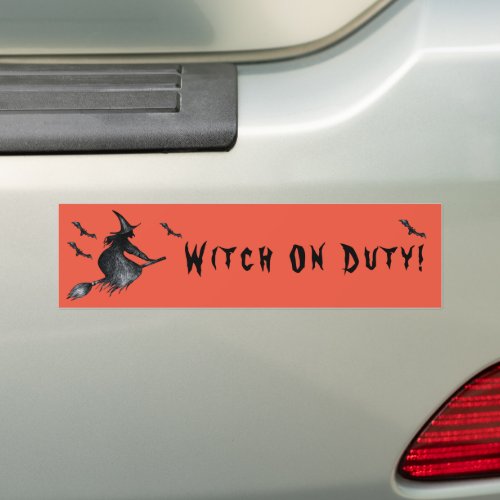 Halloween Witch Bats Witch On Duty Black Orange  Bumper Sticker