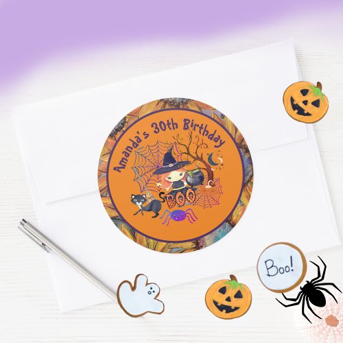 Halloween Witch Birthday Party Orange Classic Round Sticker