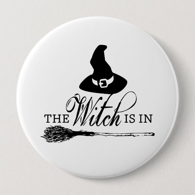 Halloween Witch Black and White Button Pin Badge (Front)