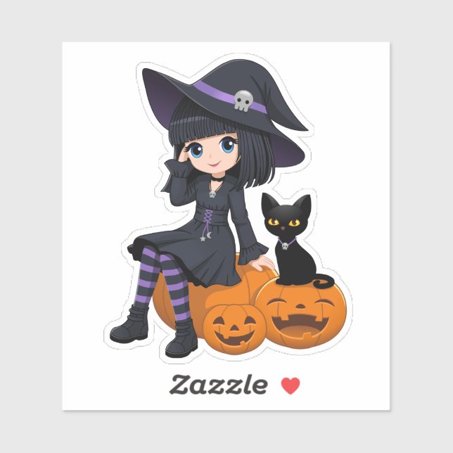 Halloween Witch, Black Cat, and Curved Pumpkins Sticker (Sheet)