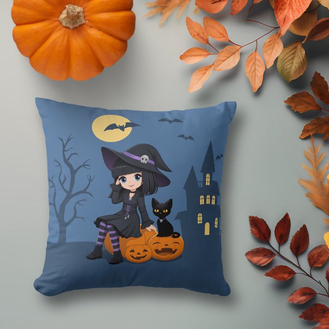Halloween Witch, Black Cat, and Curved Pumpkins Throw Pillow (Creator Uploaded)