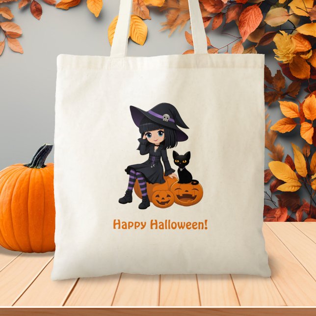 Halloween Witch, Black Cat, and Curved Pumpkins Tote Bag (Creator Uploaded)