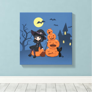 Halloween Witch, Black Cat, and Pumpkins Canvas Print