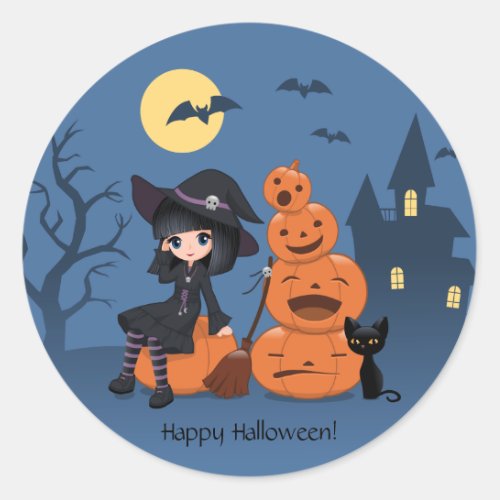 Halloween Witch Black Cat and Pumpkins Classic Round Sticker