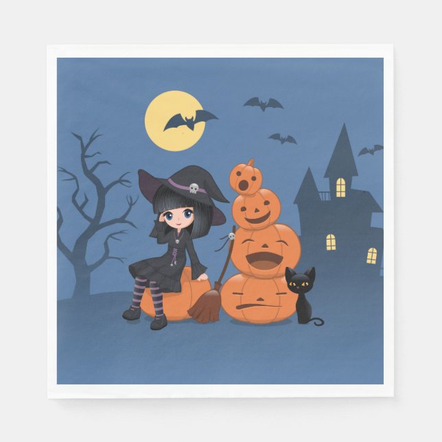 Halloween Witch, Black Cat, and Pumpkins Napkins (Front)