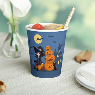Halloween Witch, Black Cat, and Pumpkins Paper Cups