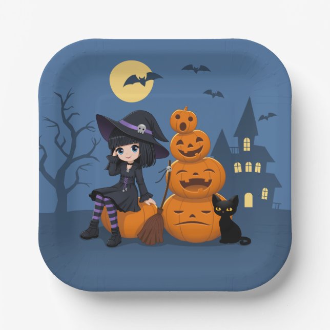 Halloween Witch, Black Cat, and Pumpkins Paper Plates (Front)