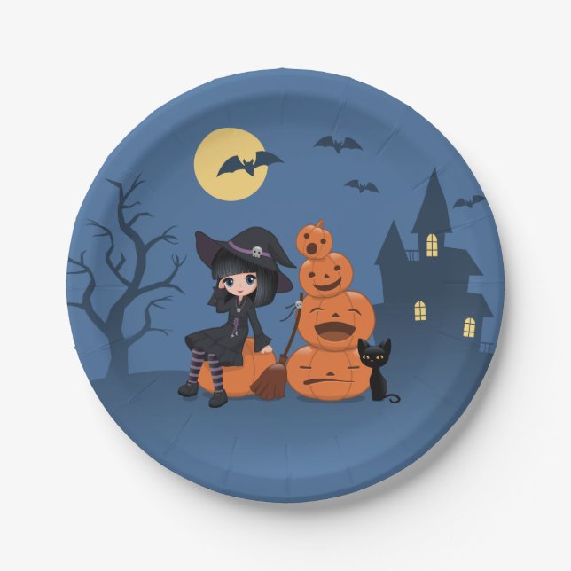 Halloween Witch, Black Cat, and Pumpkins Paper Plates (Front)
