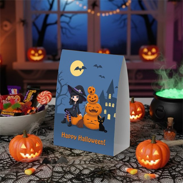 Halloween Witch, Black Cat, and Pumpkins Paper Table Tent (Creator Uploaded)