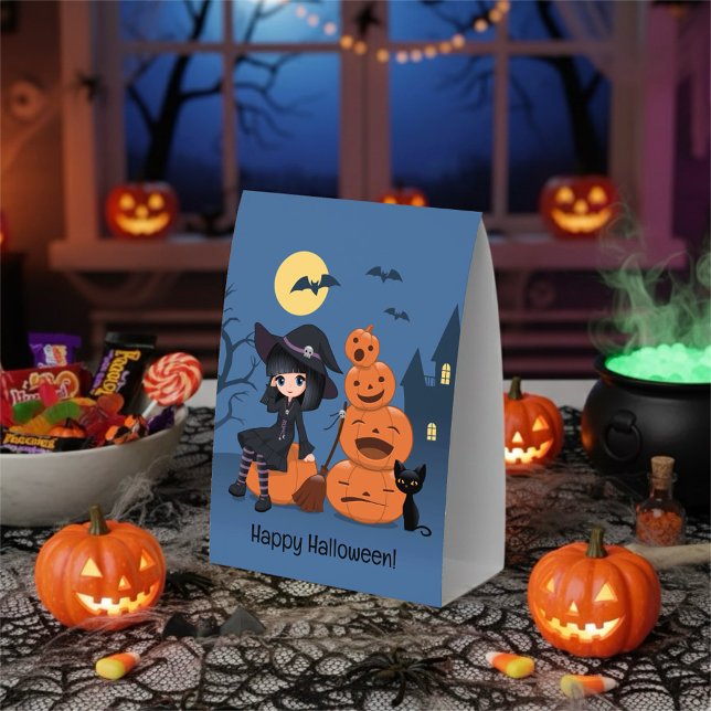 Halloween Witch, Black Cat, and Pumpkins Paper Table Tent (Creator Uploaded)