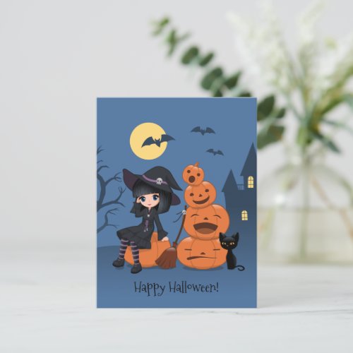 Halloween Witch Black Cat and Pumpkins Postcard