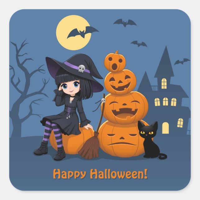 Halloween Witch, Black Cat, and Pumpkins Square Sticker (Front)