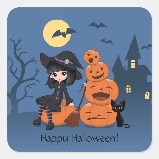 Halloween Witch, Black Cat, and Pumpkins Square Sticker (Front)