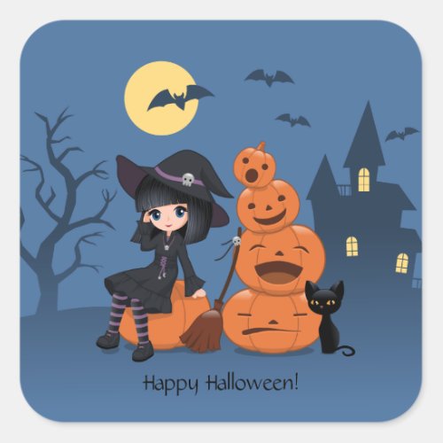 Halloween Witch Black Cat and Pumpkins Square Sticker