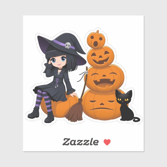 Halloween Witch, Black Cat, and Pumpkins Sticker (Sheet)