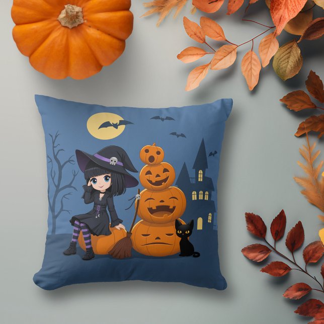 Halloween Witch, Black Cat, and Pumpkins Throw Pillow (Creator Uploaded)