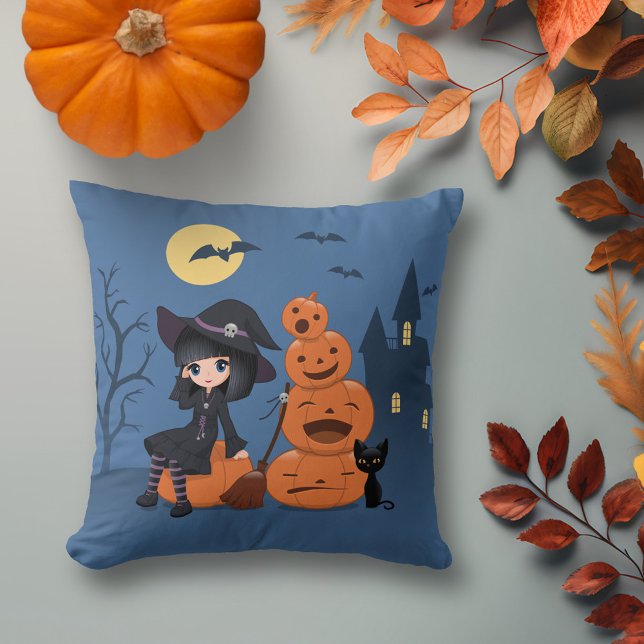 Halloween Witch, Black Cat, and Pumpkins Throw Pillow (Creator Uploaded)