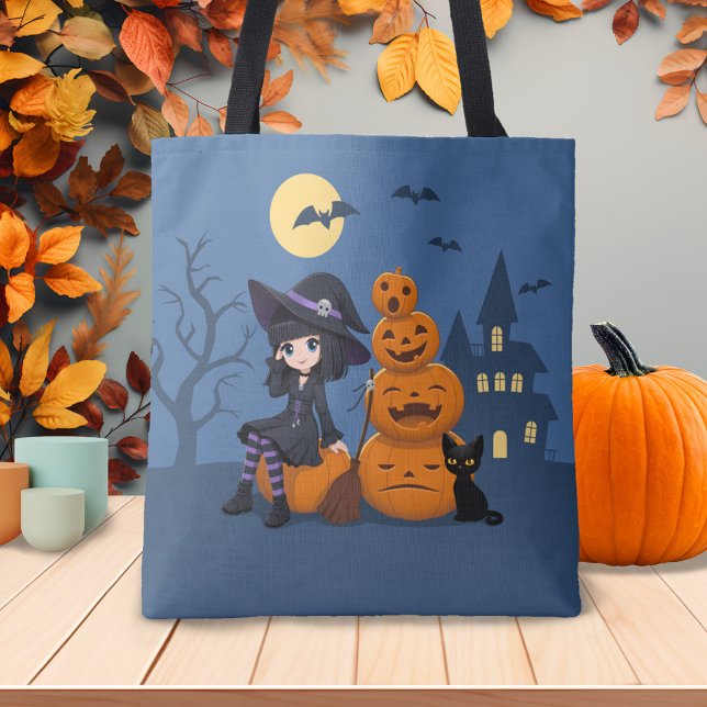 Halloween Witch, Black Cat, and Pumpkins Tote Bag (Creator Uploaded)