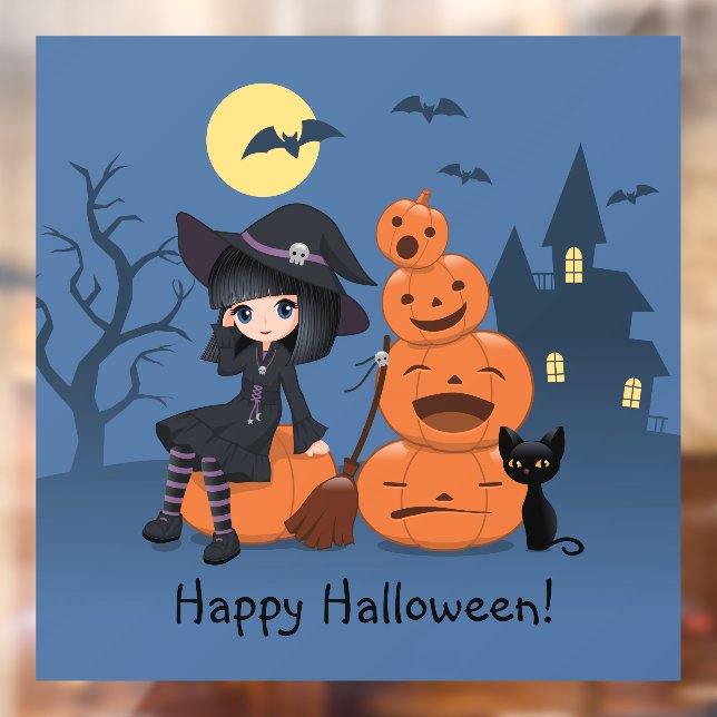 Halloween Witch, Black Cat, and Pumpkins Window Cling (Sheet 2)