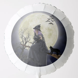 Halloween Witch, Black Cat, Bats and Full Moon Balloon
