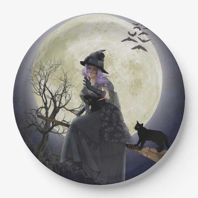 Halloween Witch, Black Cat, Bats and Full Moon  Paper Plates (Front)