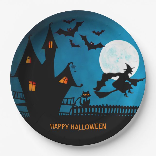 Halloween Witch Black Cat Bats Party Paper Plates (Front)