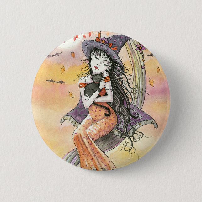 Halloween Witch Black Cat Button Pin (Front)