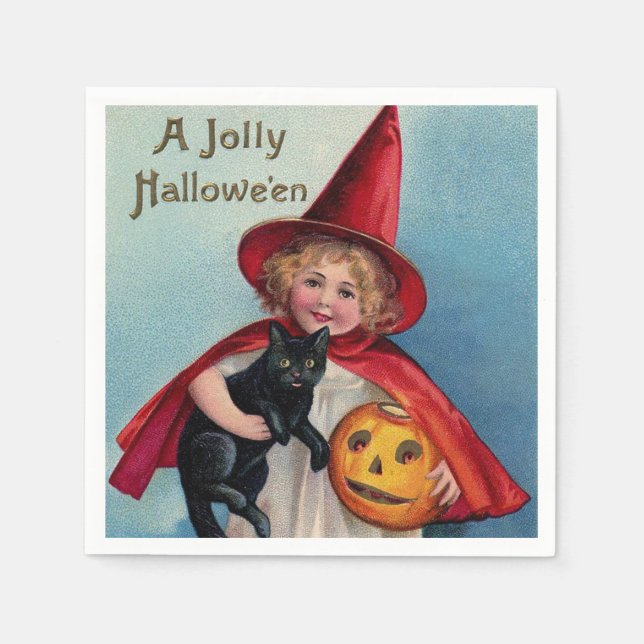 Halloween witch black cat kid vintage napkins (Front)