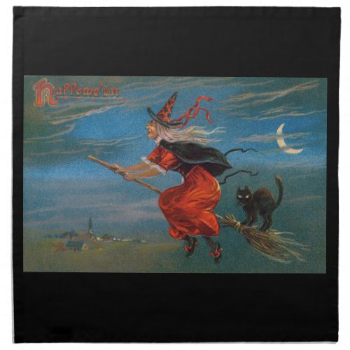 Halloween Witch  Black Cat on Halloween Night  Cloth Napkin