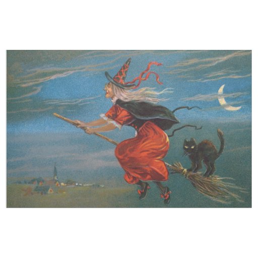 Hallowe'en Witch & Black Cat on Halloween Night Fabric Zazzle