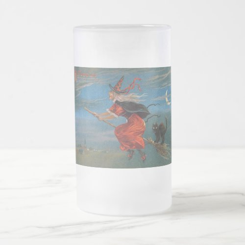 Halloween Witch  Black Cat on Halloween Night  Frosted Glass Beer Mug