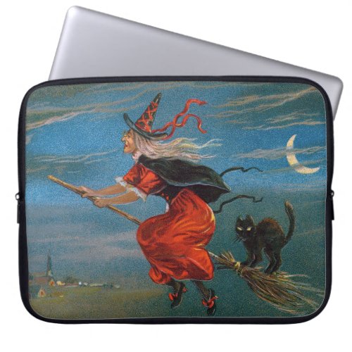 Halloween Witch  Black Cat on Halloween Night  Laptop Sleeve