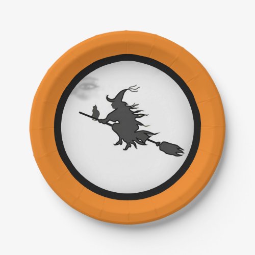 Halloween witch  black cat on orange  white paper plates