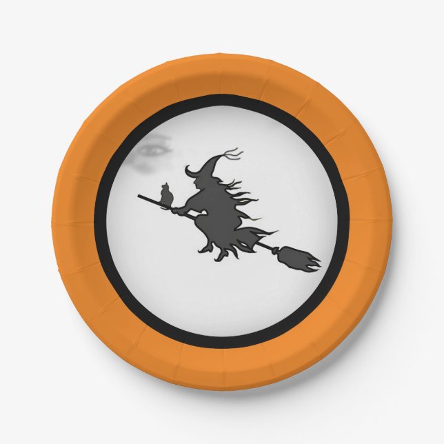 Halloween witch & black cat on orange & white paper plates (Front)