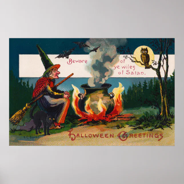 Halloween witch black cat owl party decor poster | Zazzle