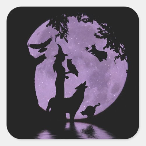 Halloween Witch Black Cat Owl Raven and Wolf Square Sticker