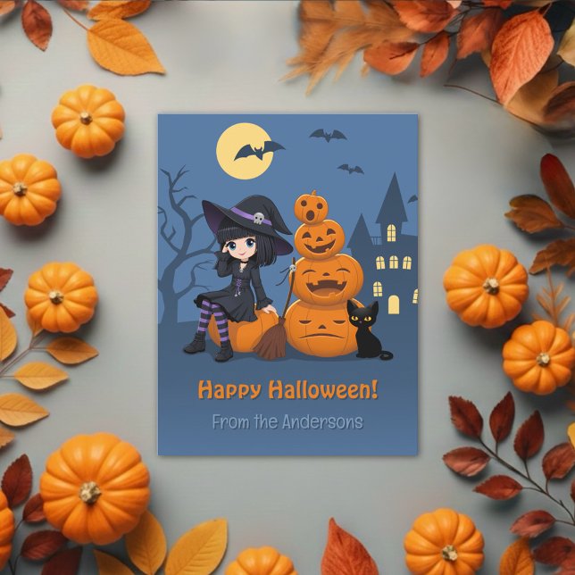 Halloween Witch, Black Cat, Pumpkins from Family Postcard (Creator Uploaded)