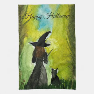 Halloween Witch Black Cat Woman Spells Kitchen Towel