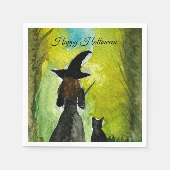 Halloween Witch Black Cat Woman Spells Napkins (Front)